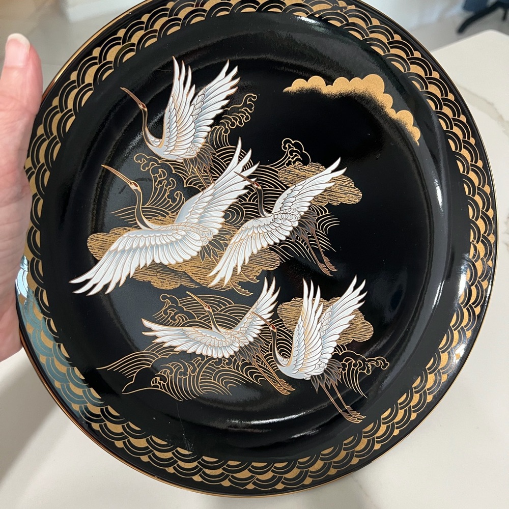 JAPANESE SHIBATA 044 HAND PAINTED PORCELAIN PLATE 10" CRANES GOLD BY TAJIMI